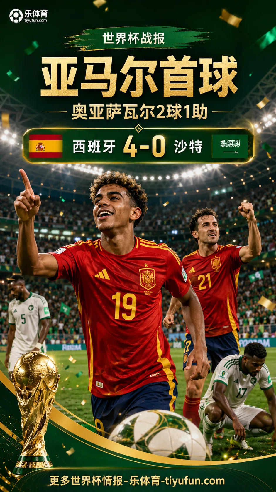 2026世界杯战报：亚马尔首球奥亚萨瓦尔2球1助，西班牙队4-0沙特