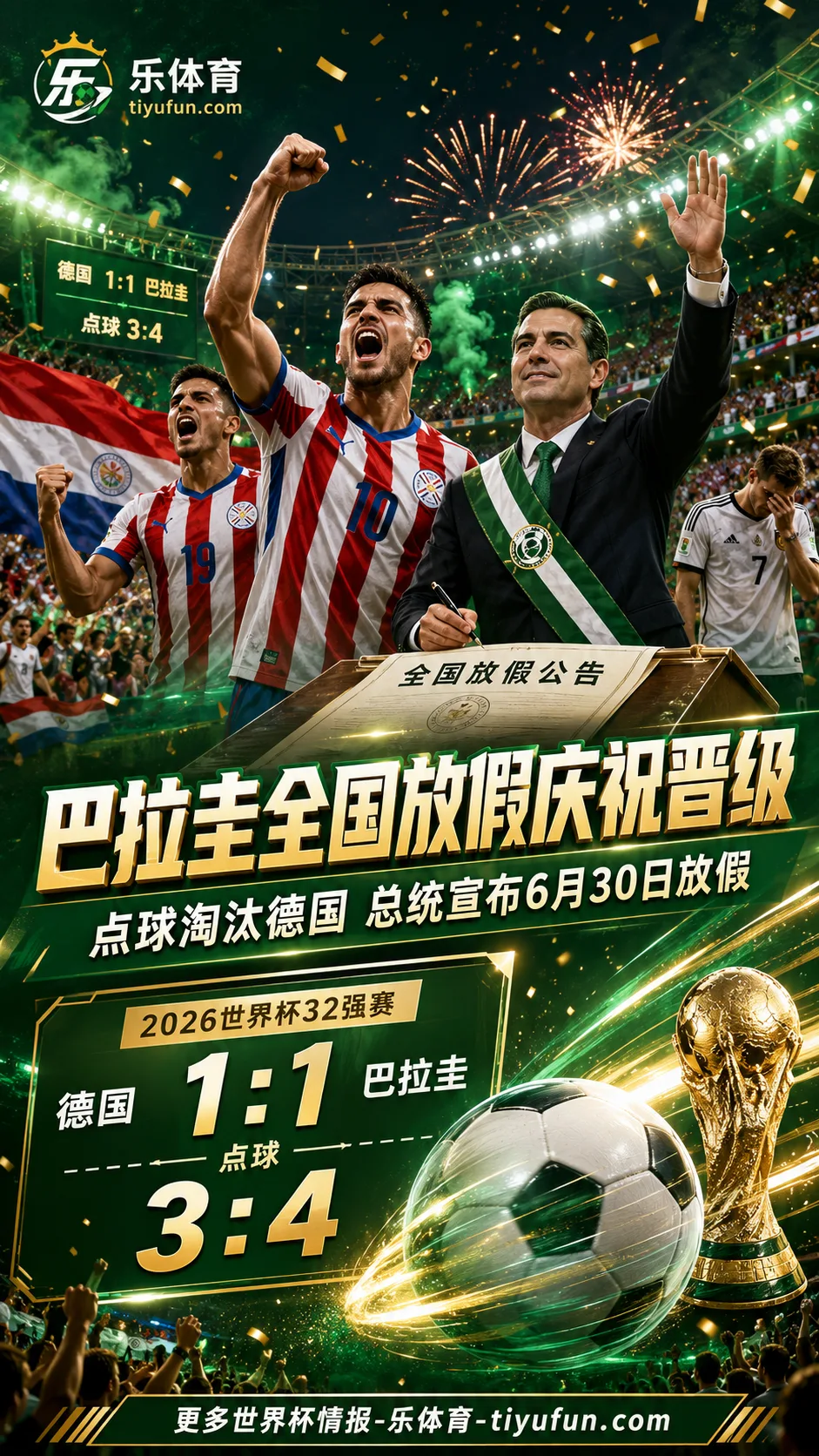 2026世界杯爆冷：巴拉圭点球淘汰德国，总统宣布全国放假一天