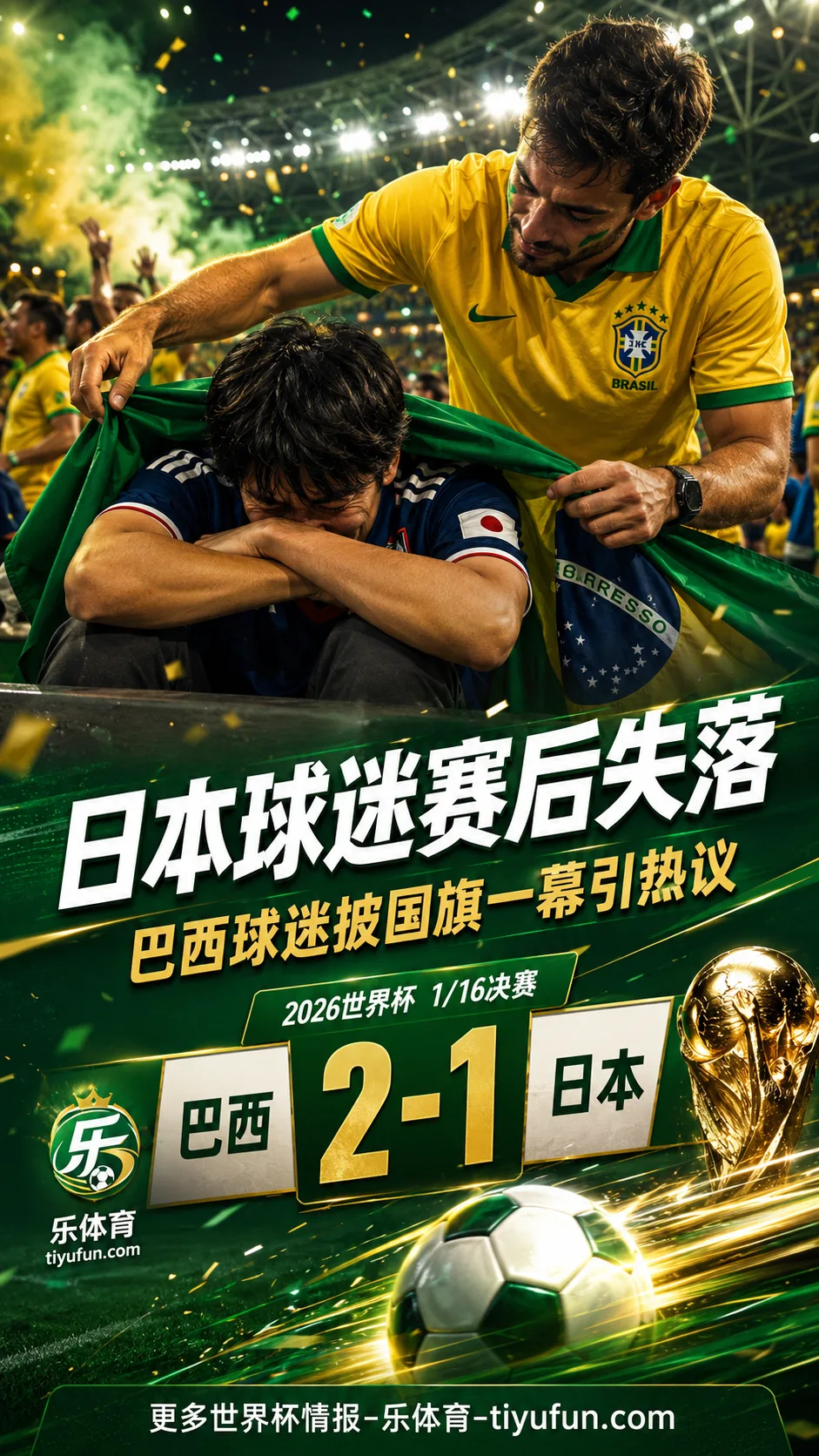 2026世界杯巴西2-1绝杀日本：日本球迷赛后失落，巴西球迷披国旗引热议