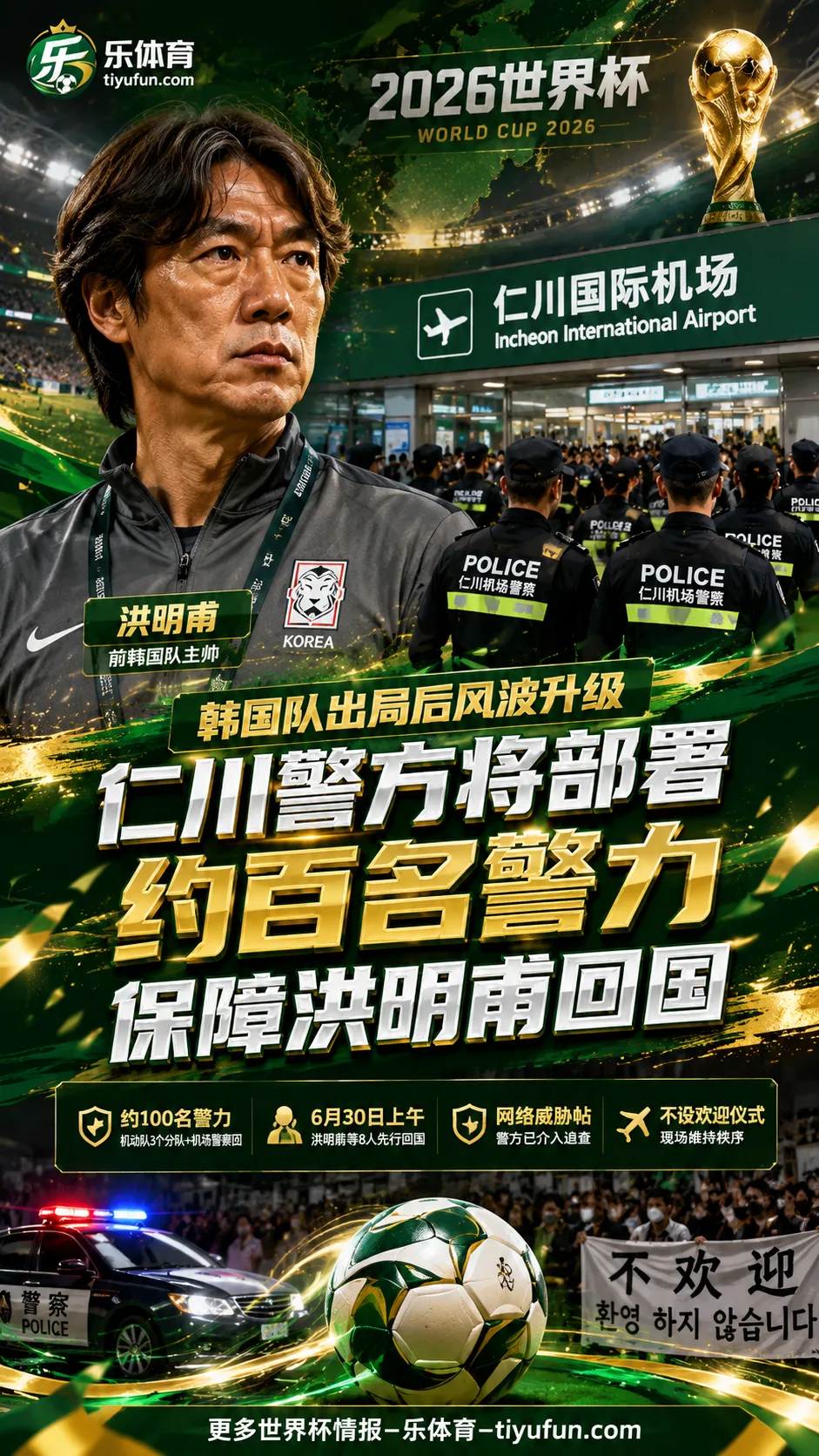 2026世界杯韩国队出局后续：仁川警方将部署约百名警力保障洪明甫回国