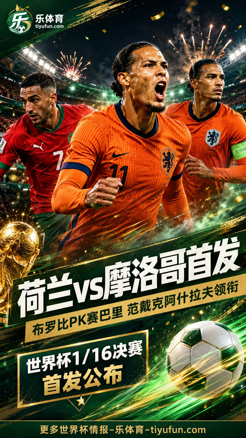 2026世界杯荷兰vs摩洛哥首发：布罗比PK赛巴里，范戴克阿什拉夫领衔