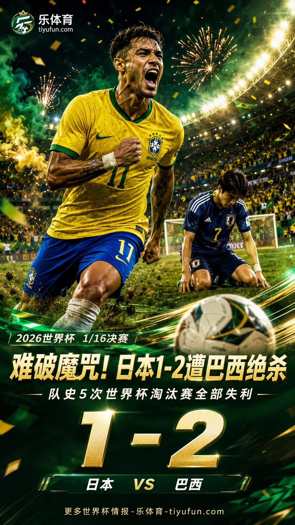 2026世界杯：日本1-2遭巴西绝杀，5次淘汰赛全败仍难破咒