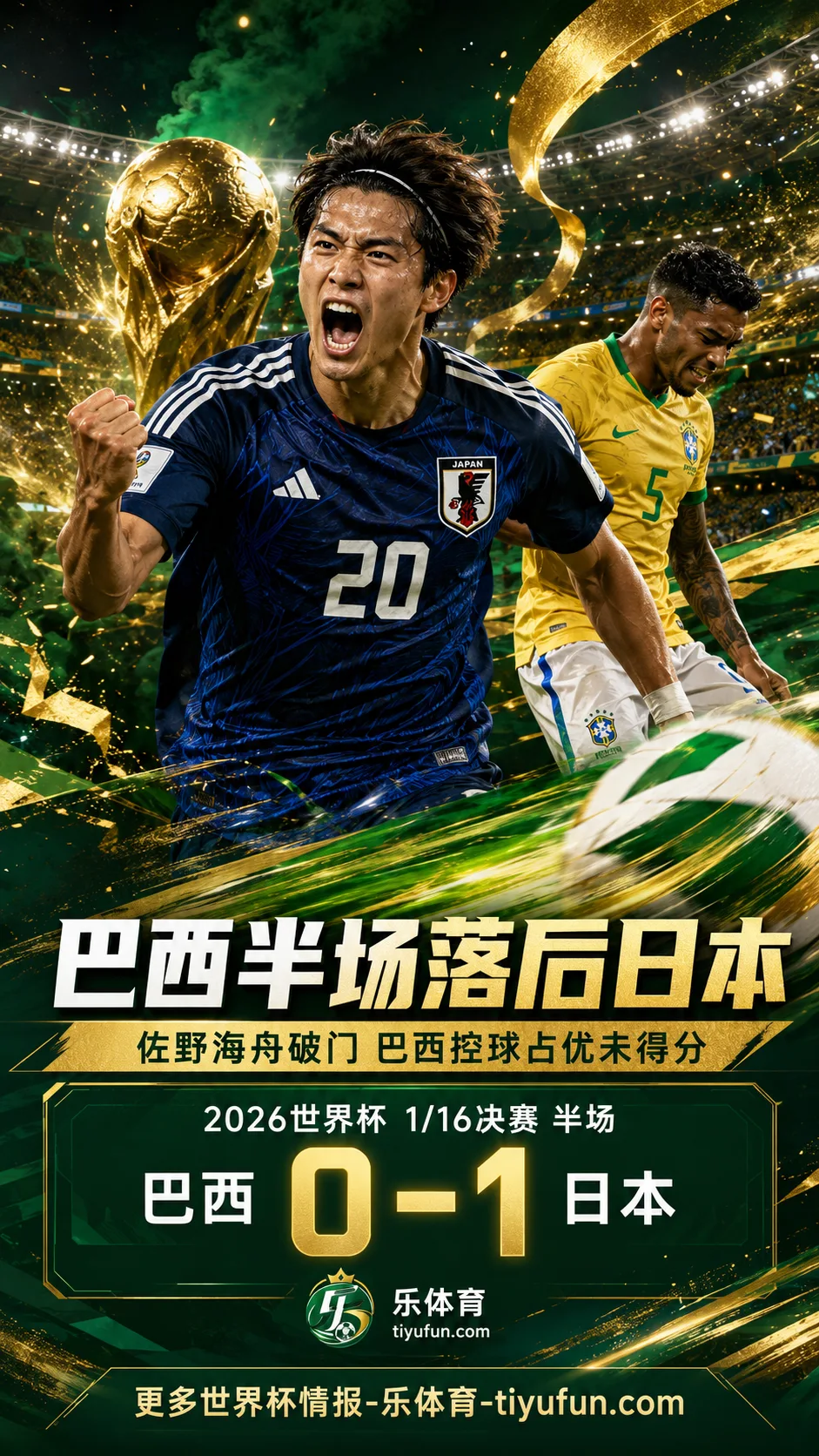 2026世界杯战报：巴西半场0-1日本，佐野海舟一脚打破僵局