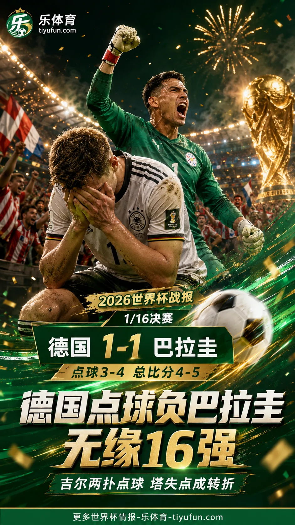 2026世界杯战报：德国点球3-4负巴拉圭，无缘16强