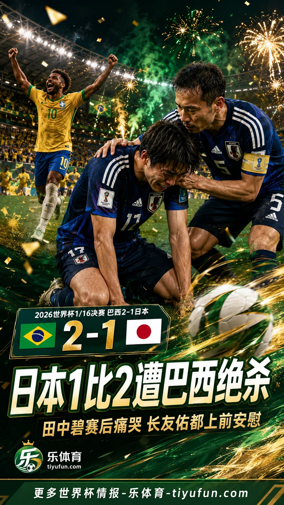 2026世界杯战报：日本1-2遭巴西绝杀，田中碧赛后痛哭长友佑都安慰