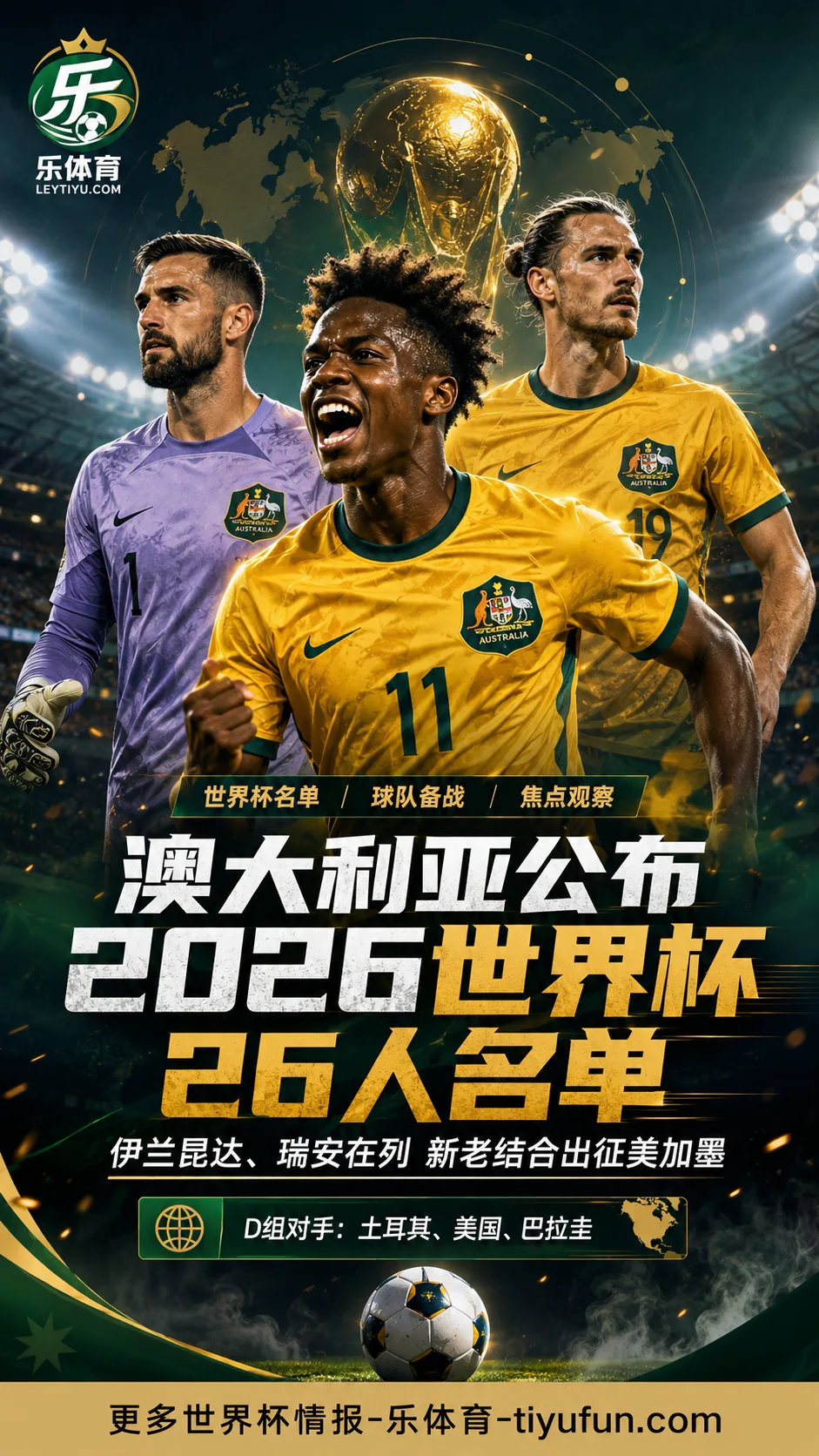 澳大利亚公布2026世界杯名单：伊兰昆达、瑞安领衔26人阵容