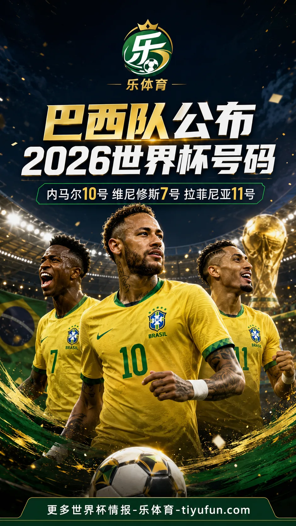 巴西队公布2026世界杯名单号码:内马尔10号,维尼修斯7号