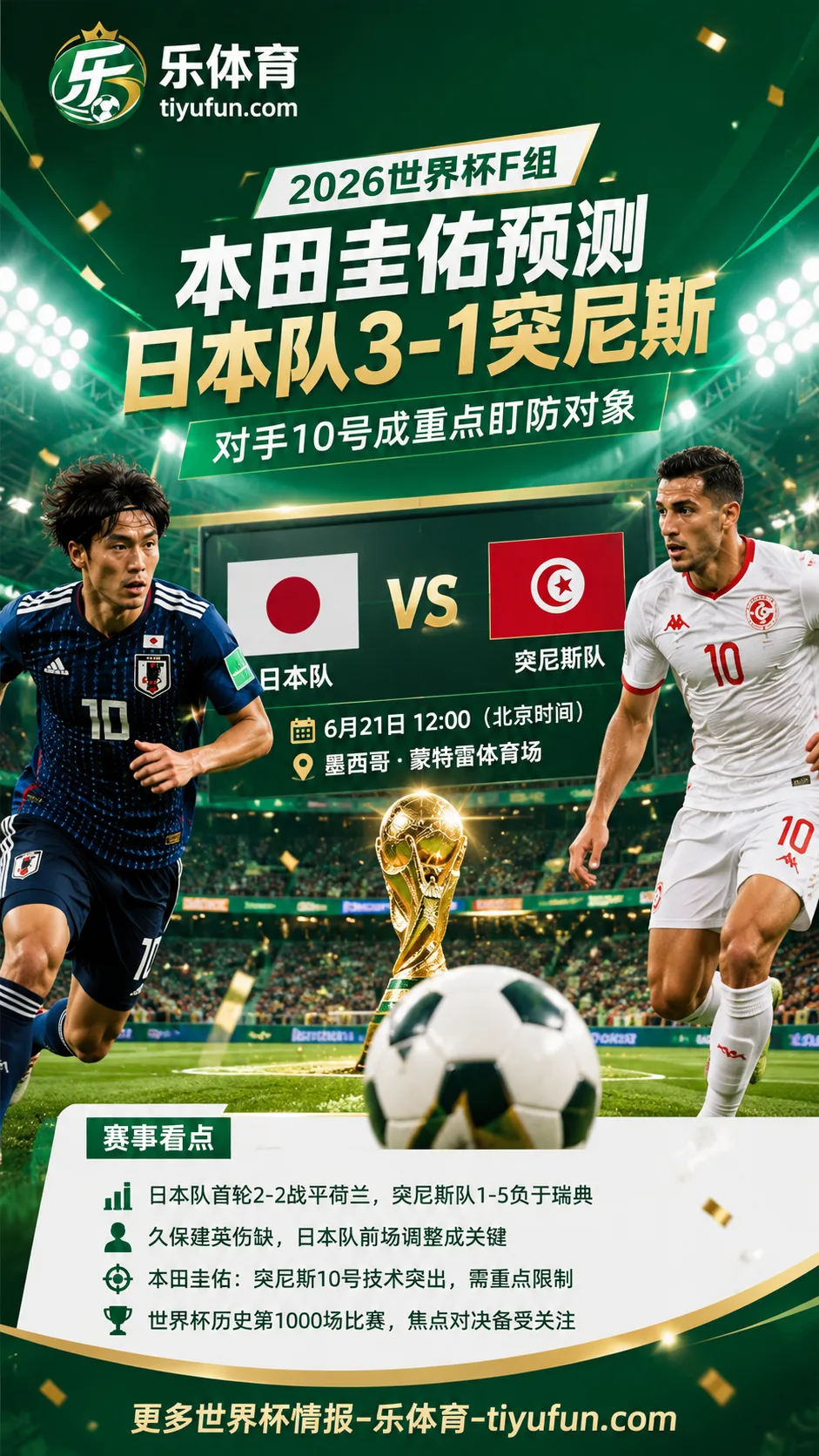 本田圭佑预测日本队3-1突尼斯：2026世界杯F组关键战，对手10号成重点盯防对象