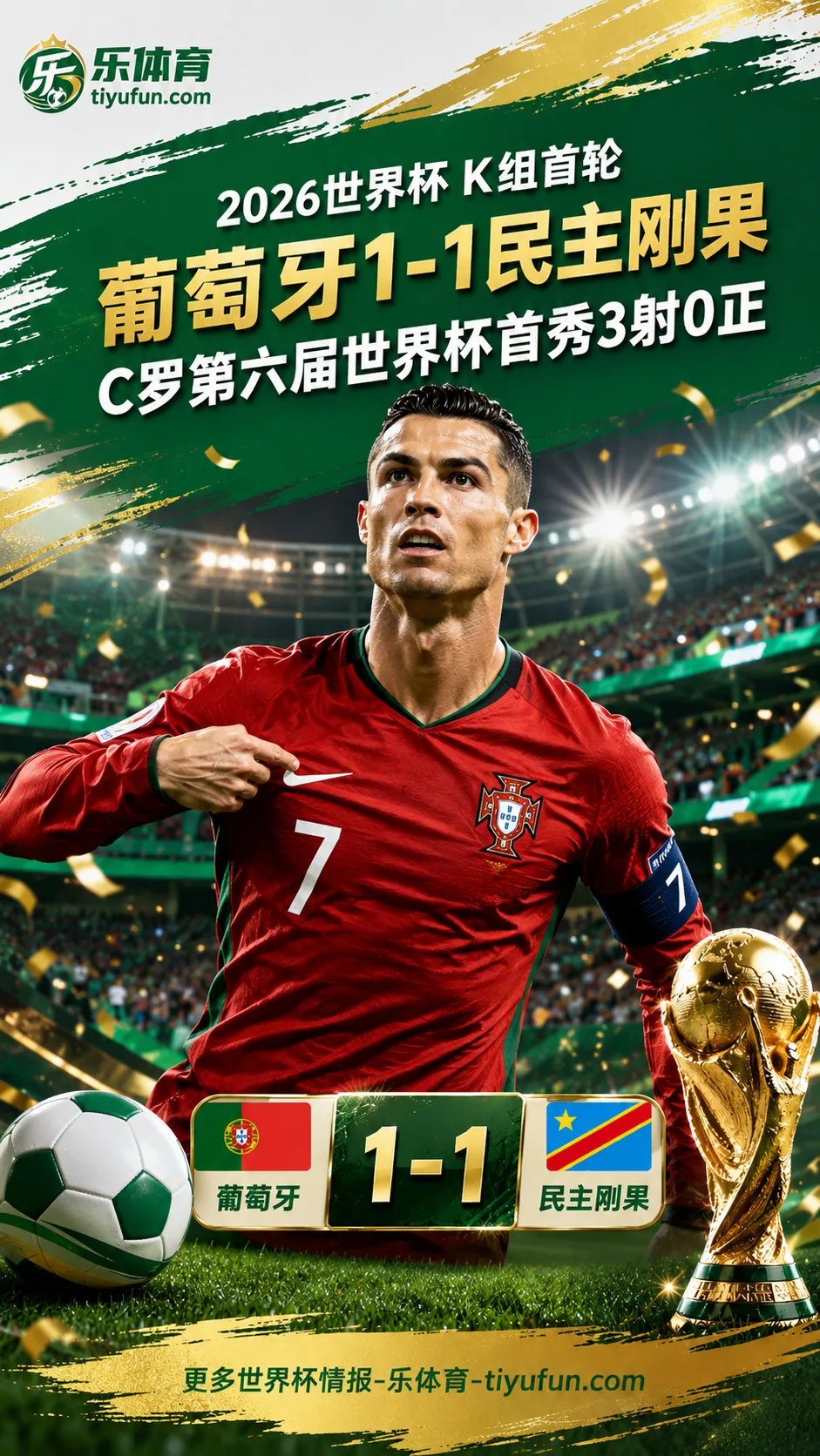 2026世界杯：C罗第六届首秀3射0正，葡萄牙1-1民主刚果