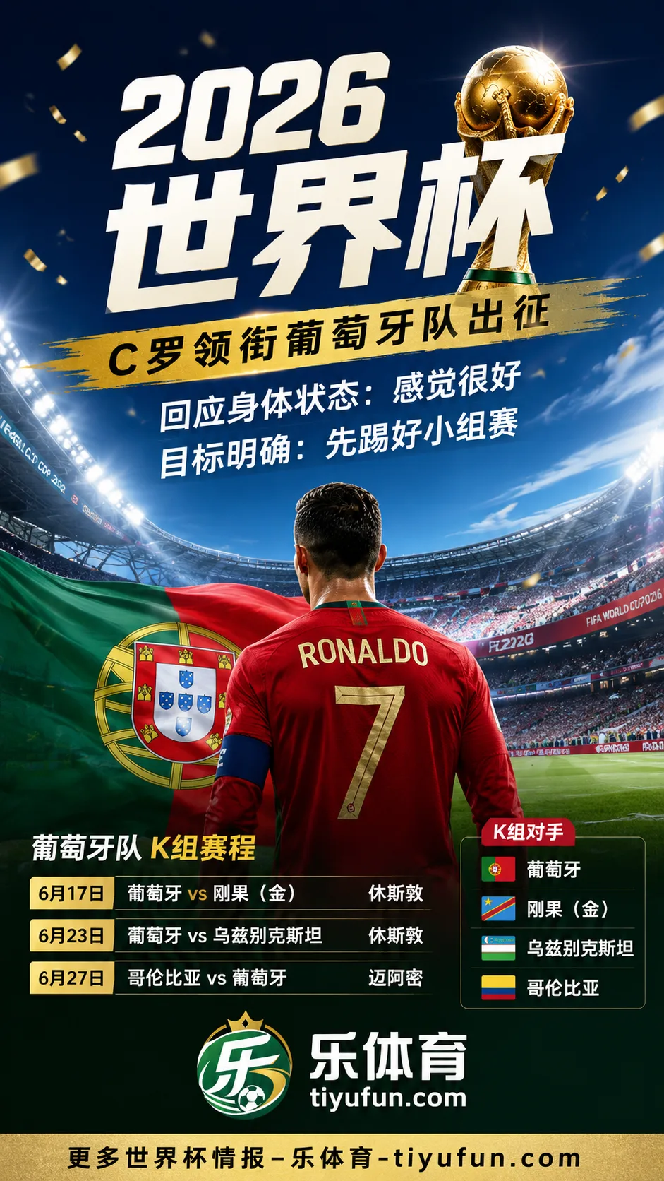 C罗随葡萄牙队出征2026世界杯：回应身体状态，强调先踢好小组赛