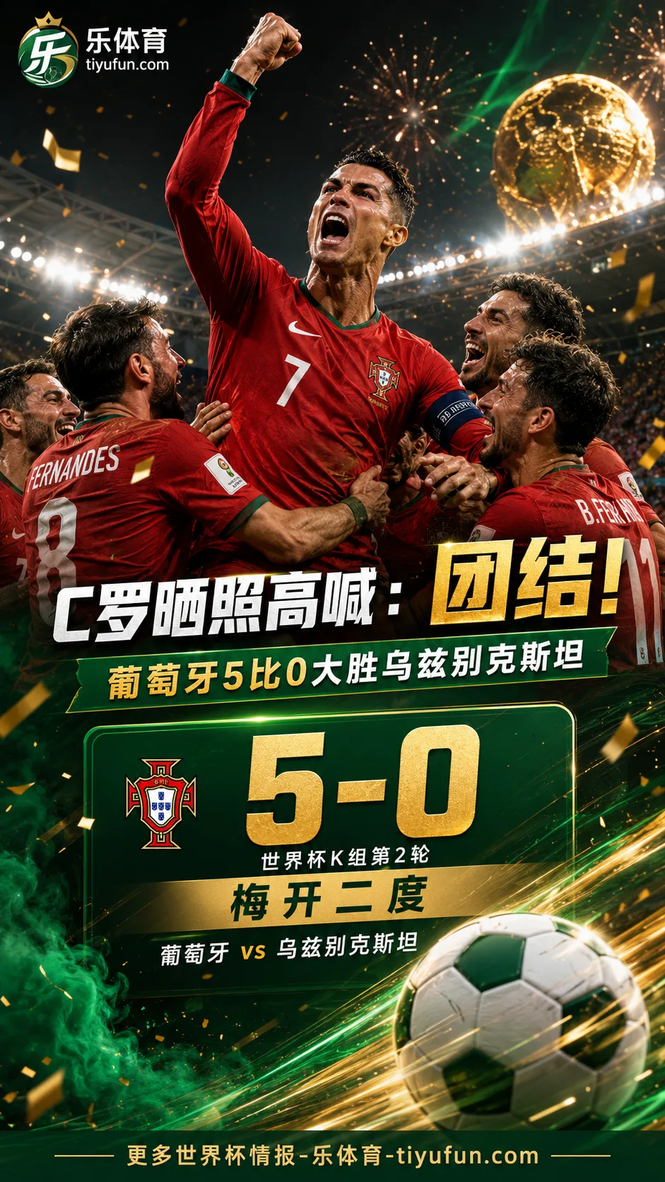 C罗再晒葡萄牙全队庆祝照：2026世界杯关键词仍是团结