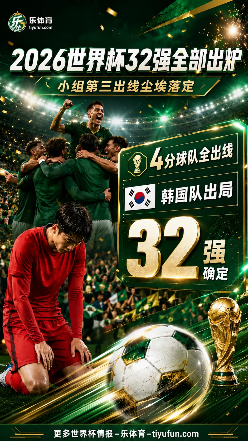尘埃落定！2026世界杯小组第三出线情况：4分球队全出线，韩国队出局