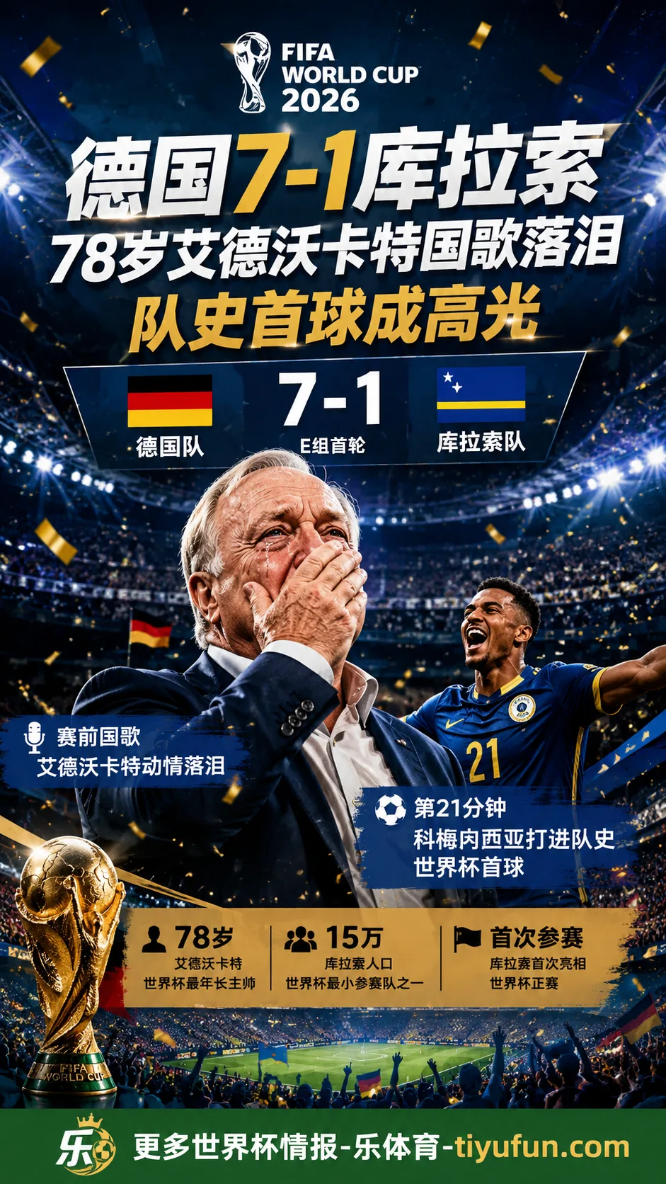 德国7-1库拉索背后：78岁艾德沃卡特国歌落泪，科梅内西亚打进队史世界杯首球