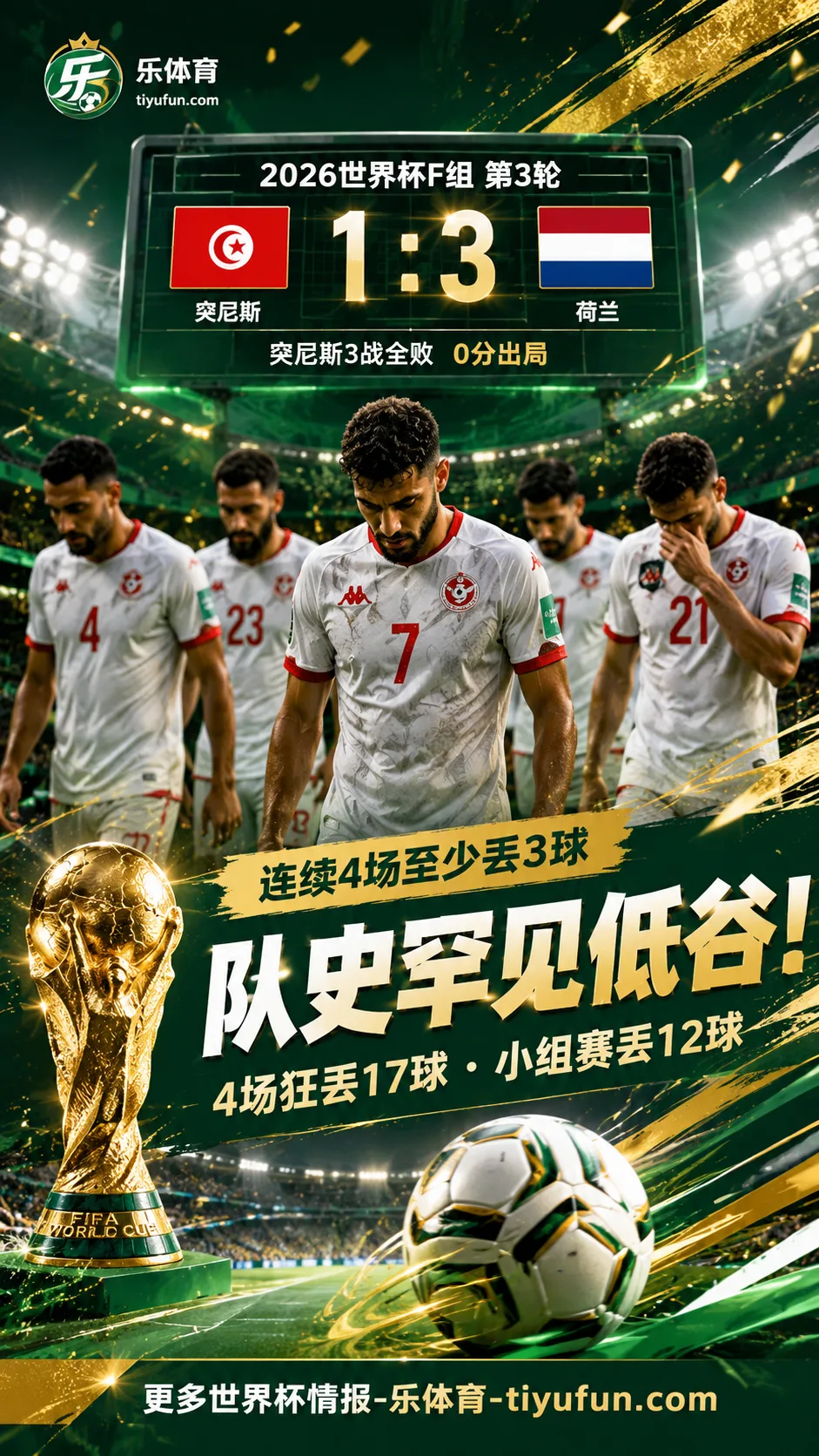 队史罕见低谷！突尼斯队连续4场至少失3球，2026世界杯小组赛3战全败出局