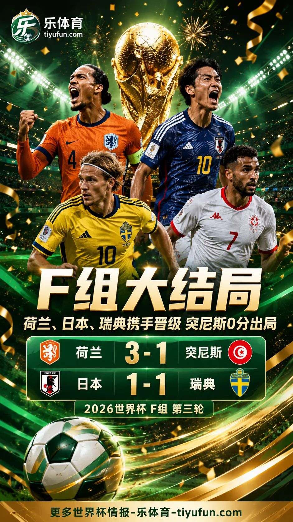 F组大结局：荷兰、日本、瑞典携手晋级，突尼斯0分出局