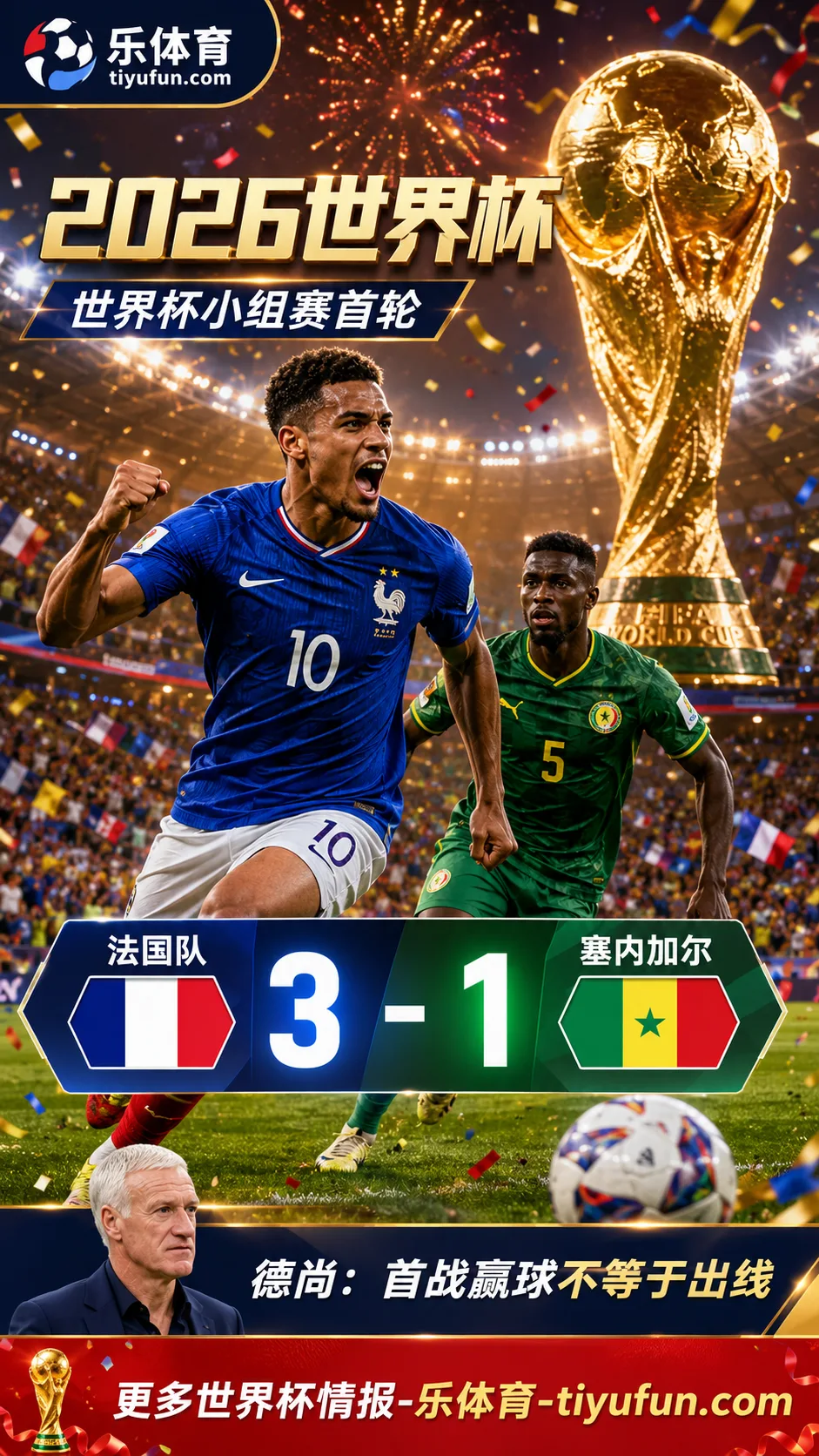法国队3-1塞内加尔迎2026世界杯开门红，德尚：首战赢球不等于出线