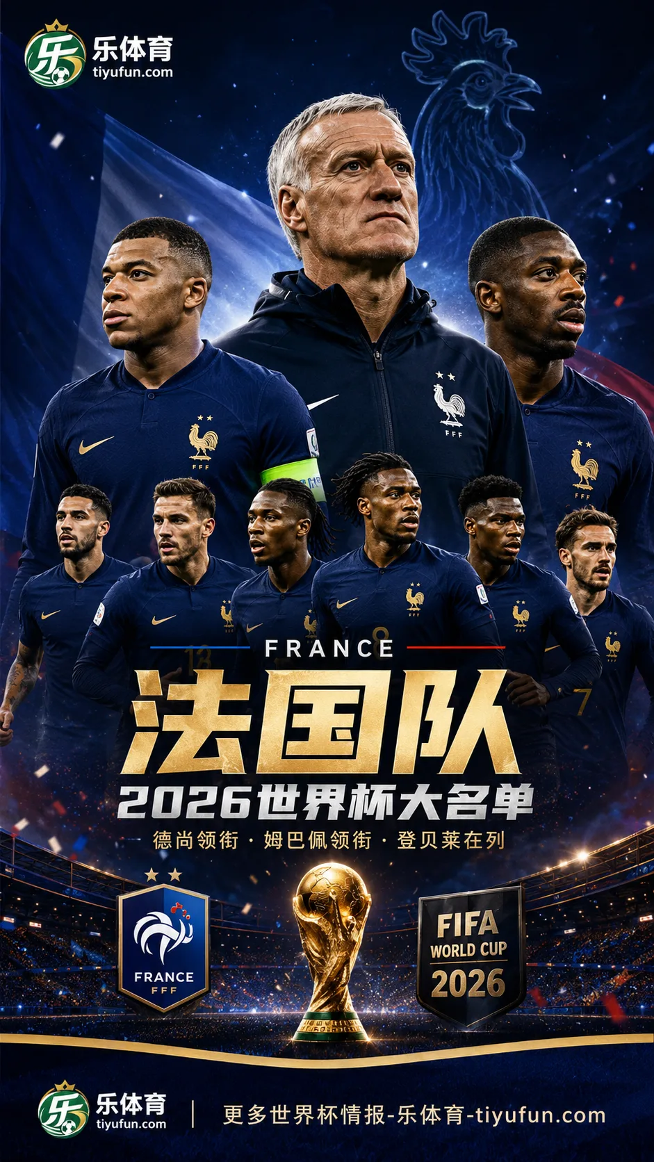 法国队发布2026世界杯官方合影:德尚居中,姆巴佩与登贝莱分列两侧