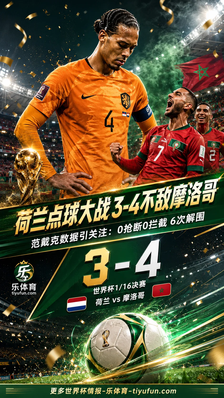 范戴克0抢断0拦截，荷兰点球大战3-4不敌摩洛哥止步世界杯1/16决赛