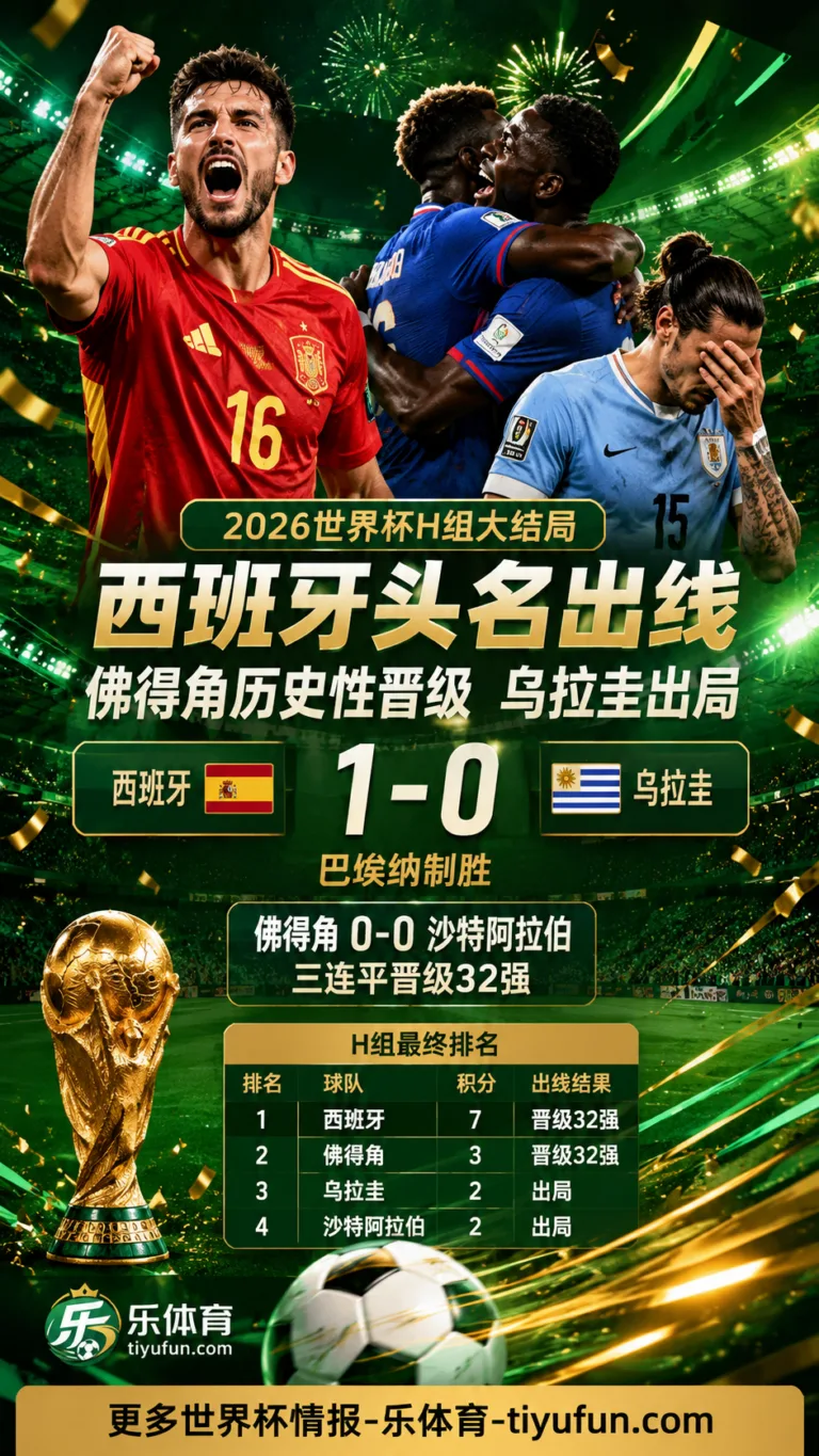 H组大结局：西班牙头名出线，佛得角历史性晋级，乌拉圭出局