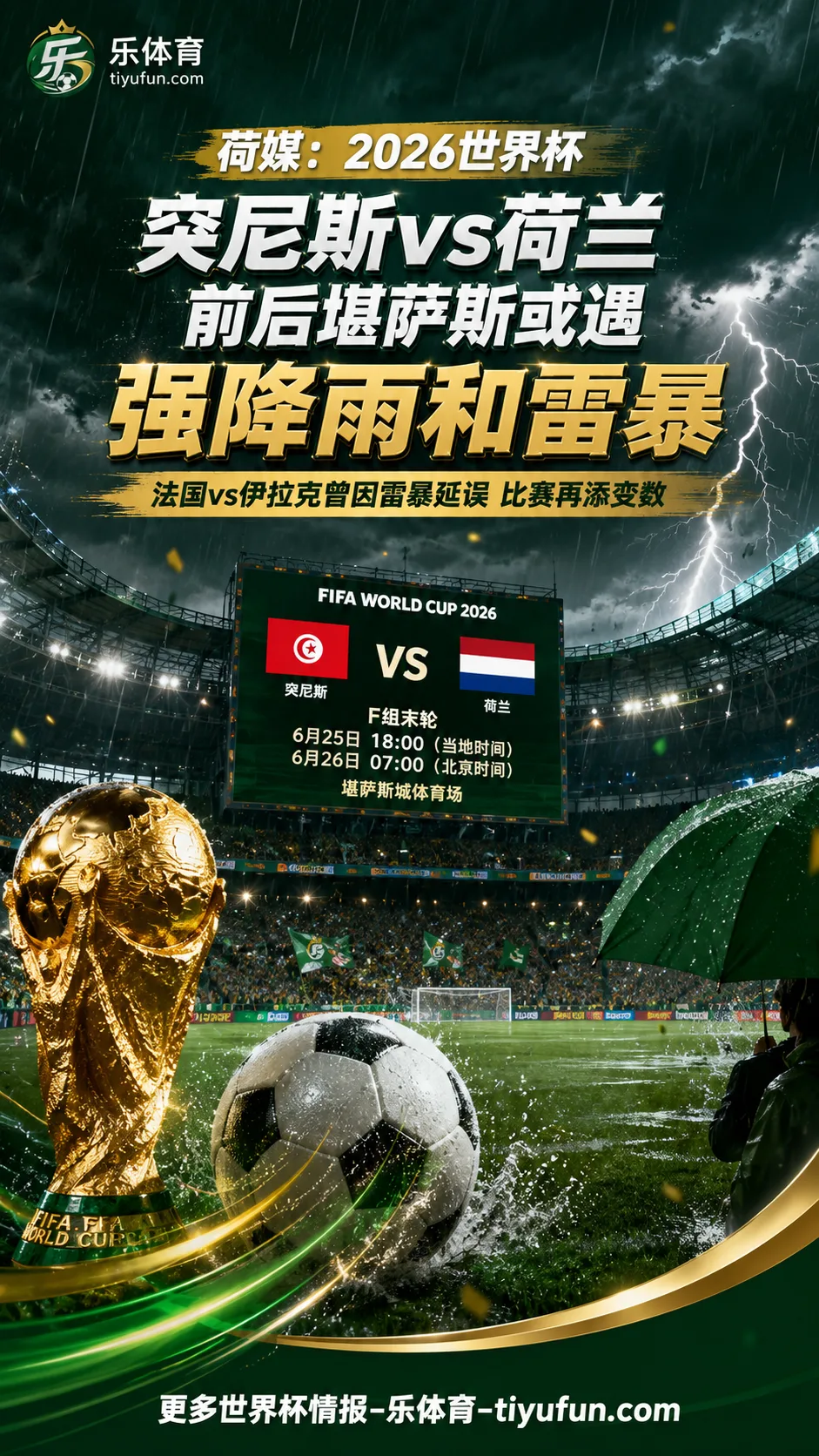 荷媒：2026世界杯突尼斯vs荷兰前后，堪萨斯或遇强降雨和雷暴