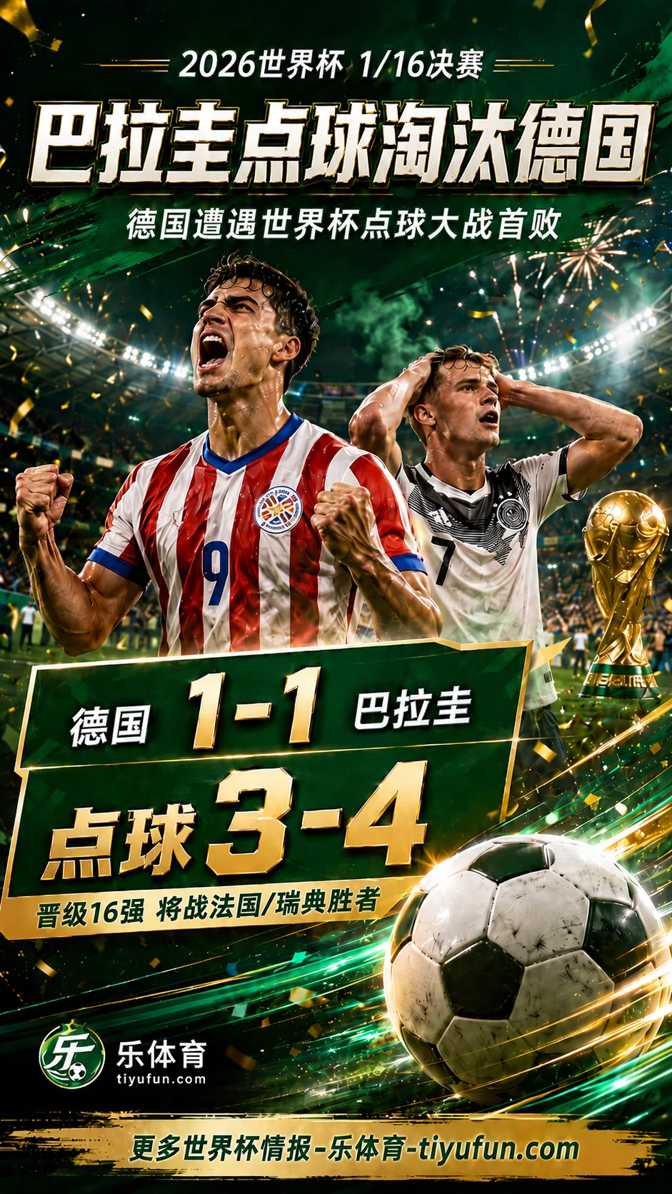 黑马出现！2026世界杯战报：巴拉圭点球4-3淘汰德国，晋级16强将战法国/瑞典胜者