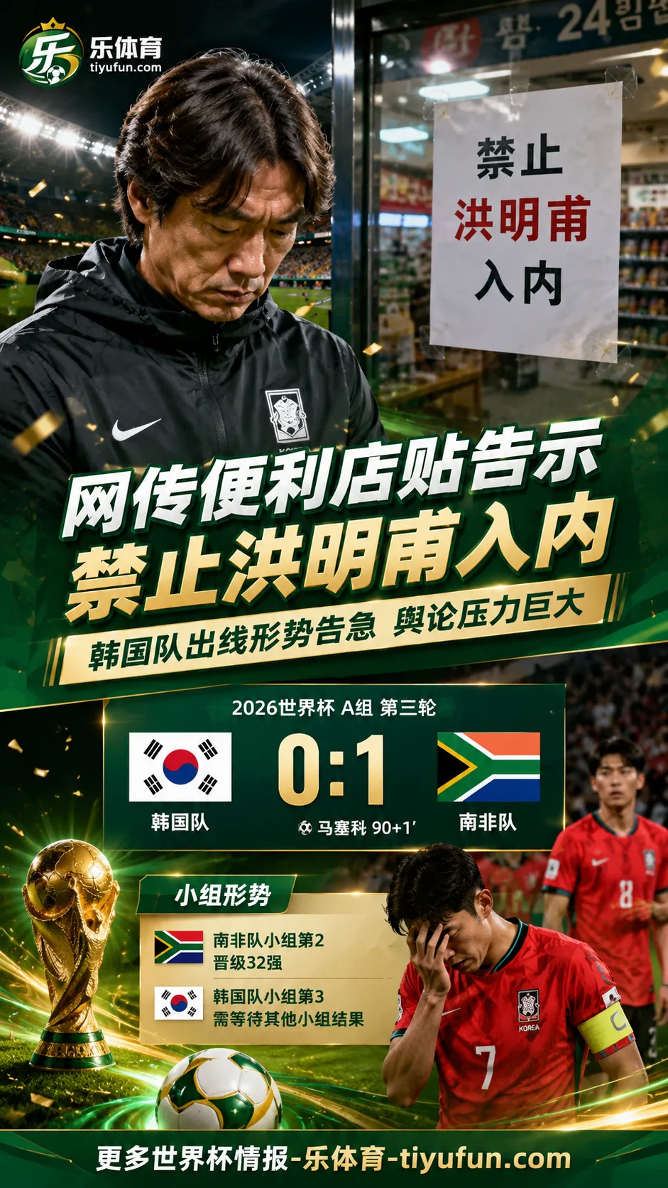 很不满！网传韩国便利店贴“禁止洪明甫入内”，韩国队世界杯出线告急