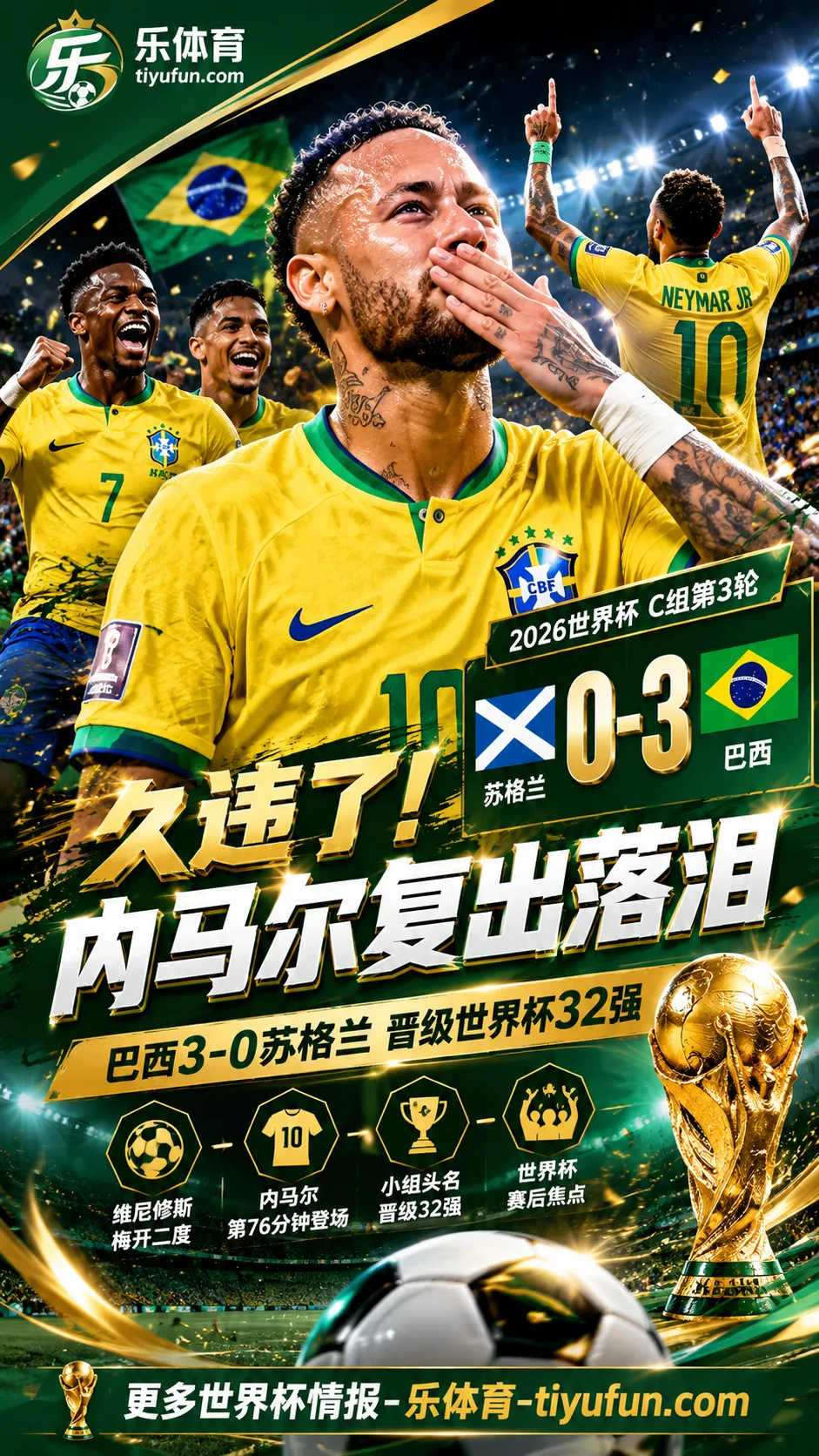 久违了！内马尔复出落泪：巴西3比0苏格兰晋级世界杯32强