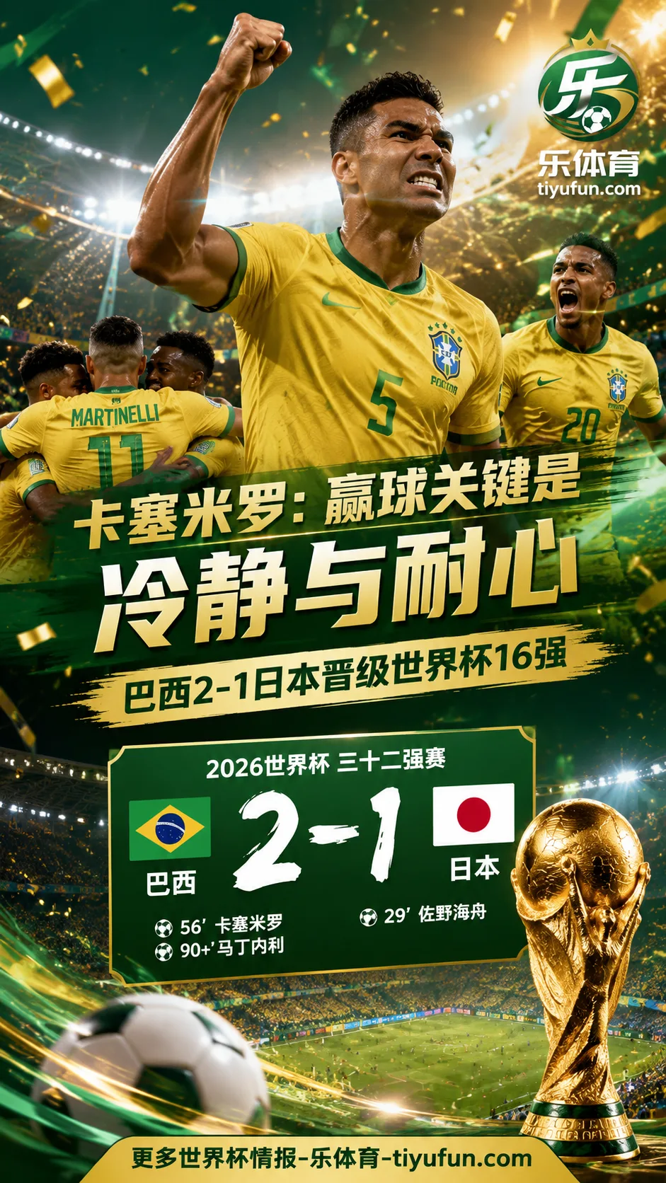 卡塞米罗：赢球关键是冷静与耐心，巴西2-1日本晋级世界杯16强