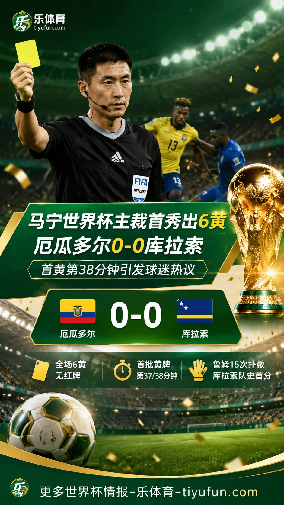 马宁世界杯主裁首秀出6黄：厄瓜多尔0-0库拉索，首黄时间引发球迷热议