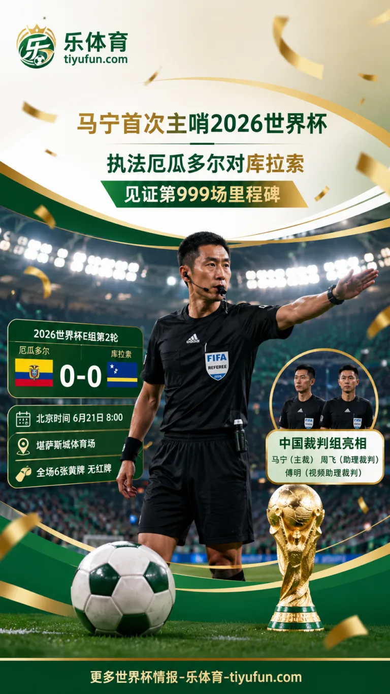 马宁首次主哨2026世界杯：执法厄瓜多尔对库拉索，见证第999场里程碑