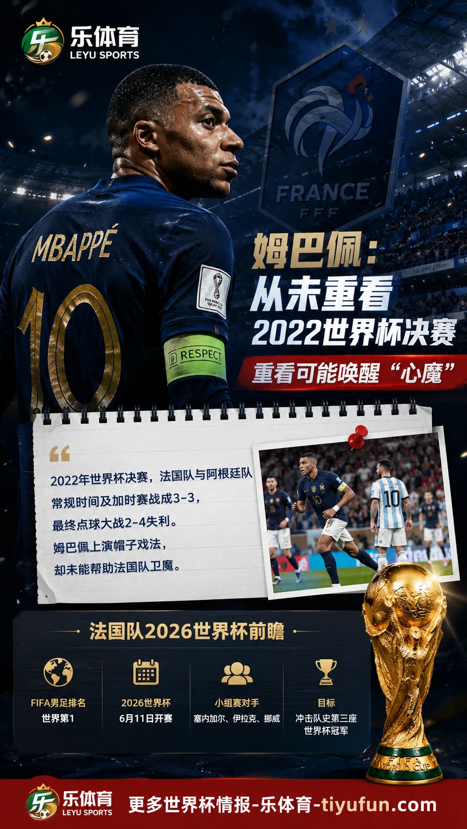 姆巴佩谈2022世界杯决赛:从未重看法国对阿根廷一战,2026世界杯前旧痛再被提起