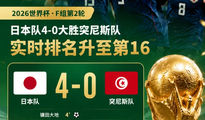日本4-0突尼斯送世界杯第1000场高光：实时排名升至第16，F组出线形势升温