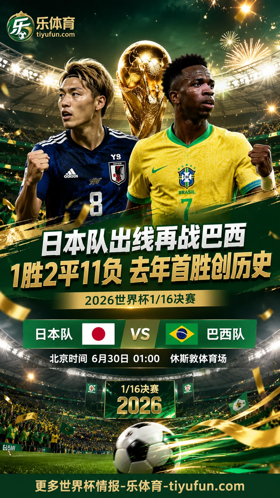日本对巴西1胜2平11负，2026世界杯1/16决赛再碰五冠王