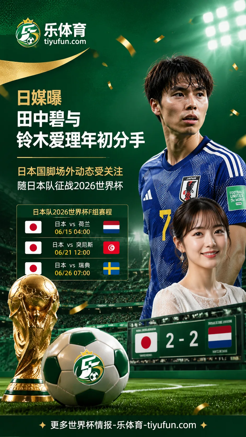 日媒曝田中碧与铃木爱理年初分手，2026世界杯日本队国脚场外动态受关注