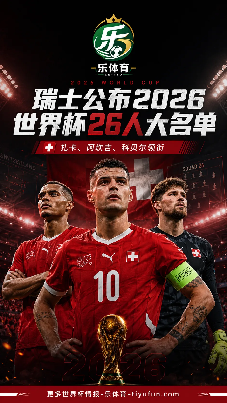 瑞士公布2026世界杯名单：扎卡、阿坎吉、科贝尔领衔26人阵容