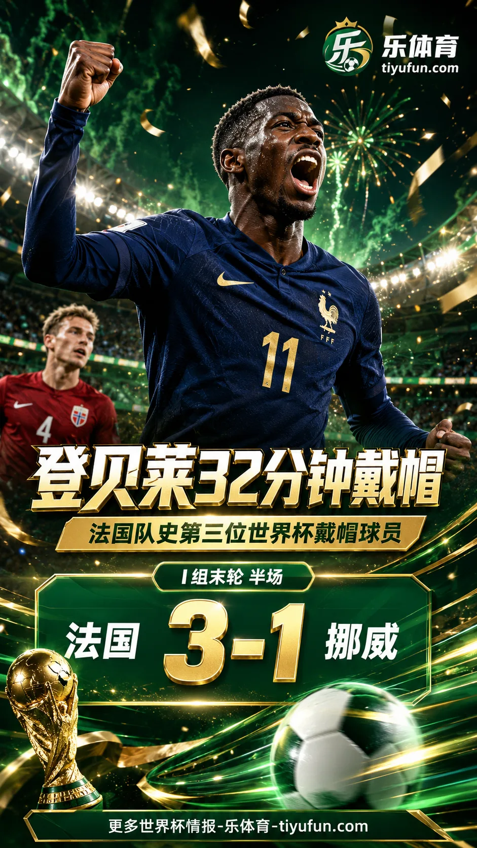 杀疯了！登贝莱32分钟戴帽，成法国队史第三位世界杯戴帽球员
