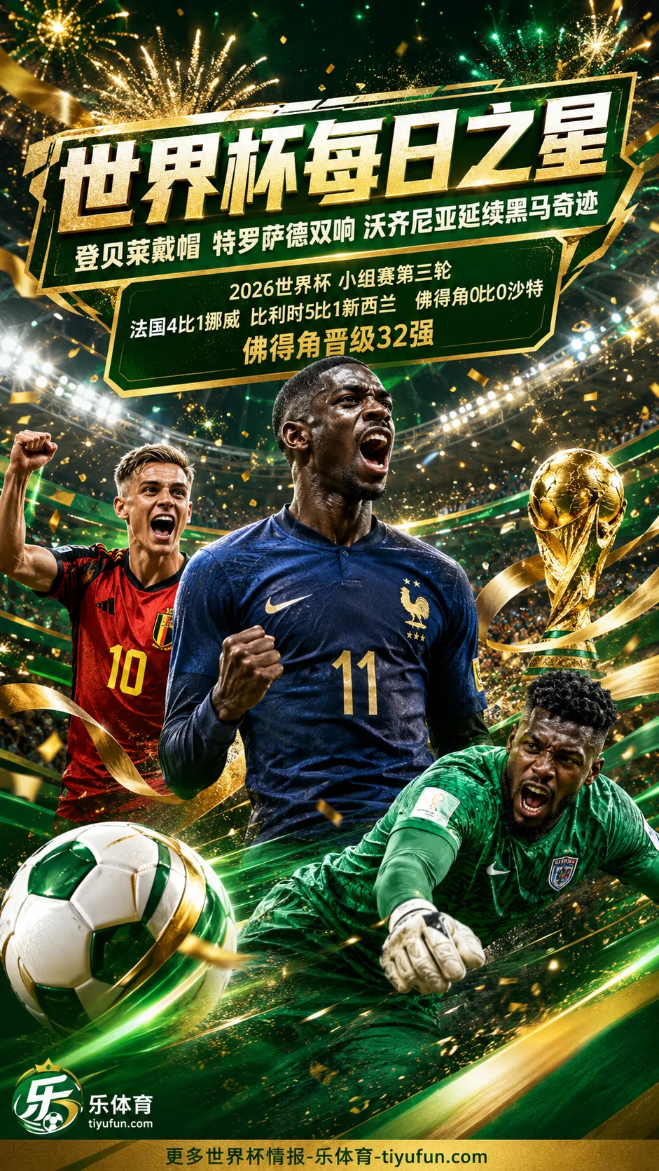 世界杯每日之星：登贝莱戴帽特罗萨德双响，沃齐尼亚再创佛得角奇迹