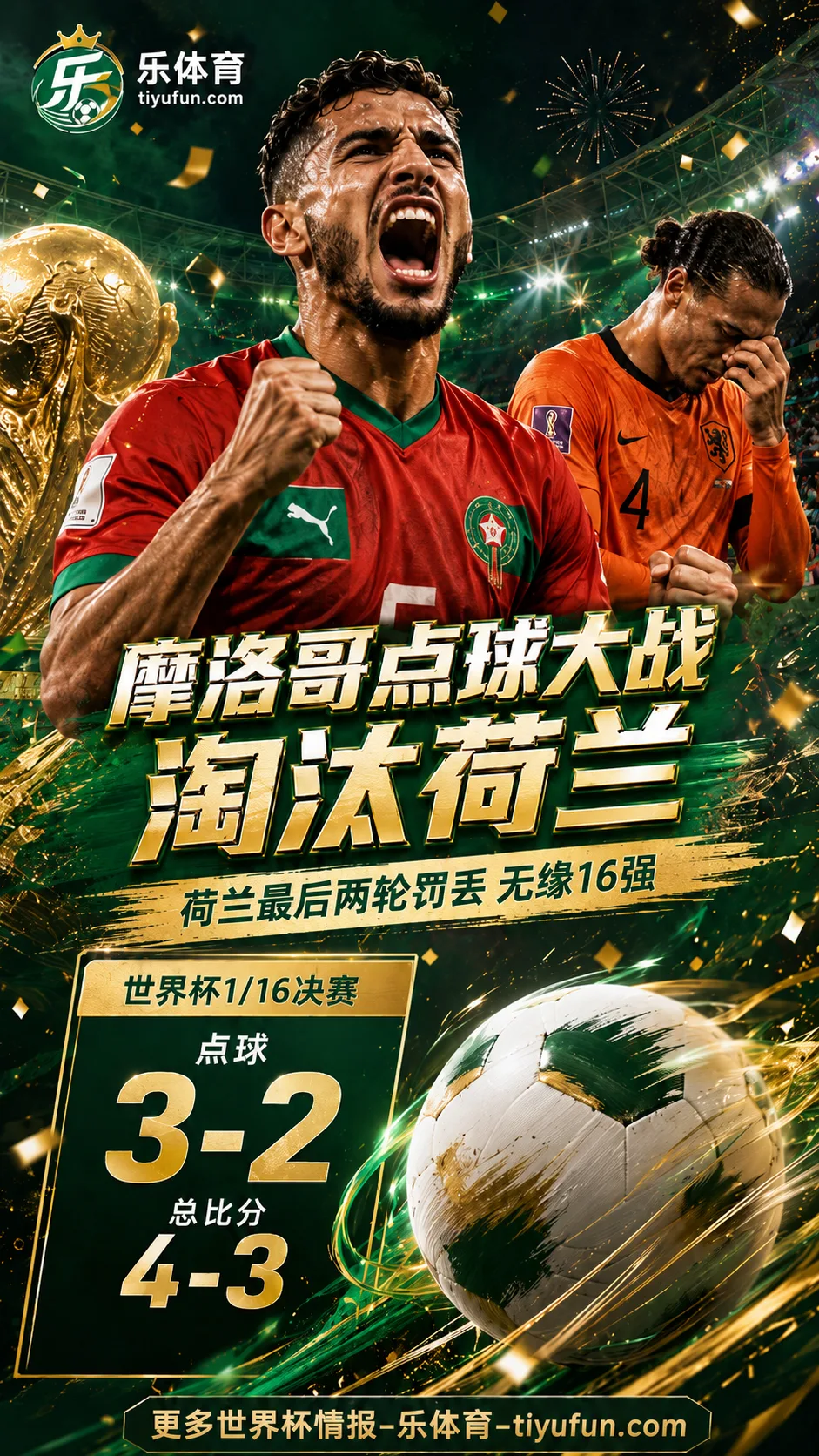 世界杯1/16决赛：摩洛哥点球大战淘汰荷兰，荷兰最后两轮罚丢无缘16强