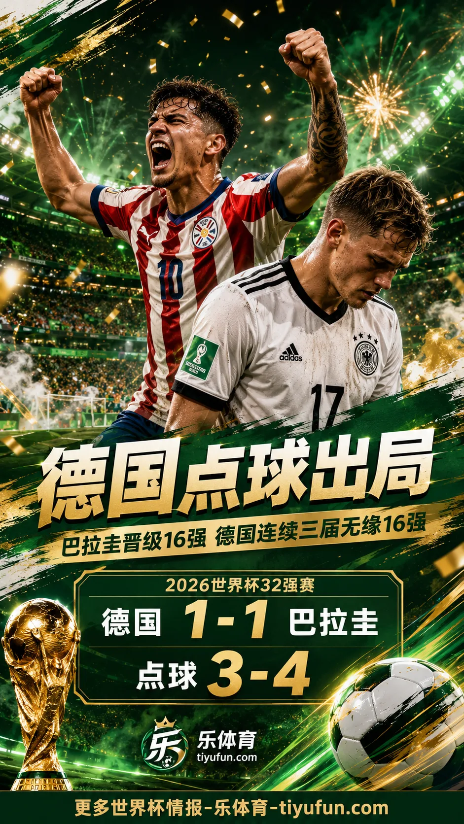 世界杯战报：德国点球3-4不敌巴拉圭，连续三届无缘16强