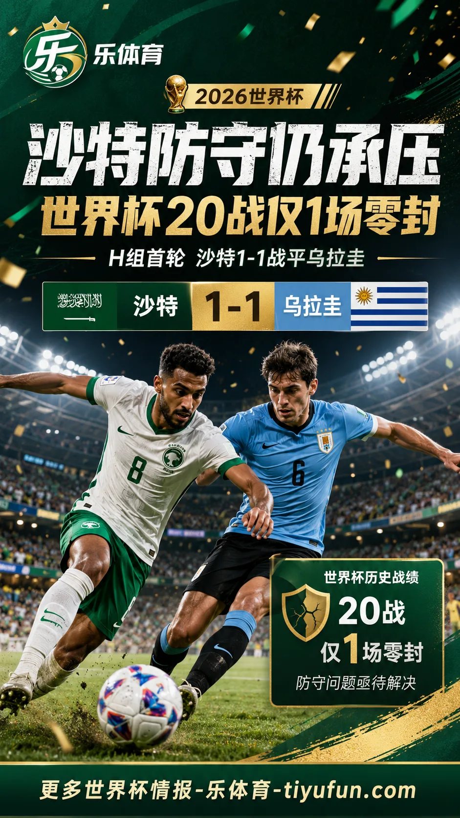 2026世界杯H组：沙特1-1战平乌拉圭，20场世界杯仅1场零封