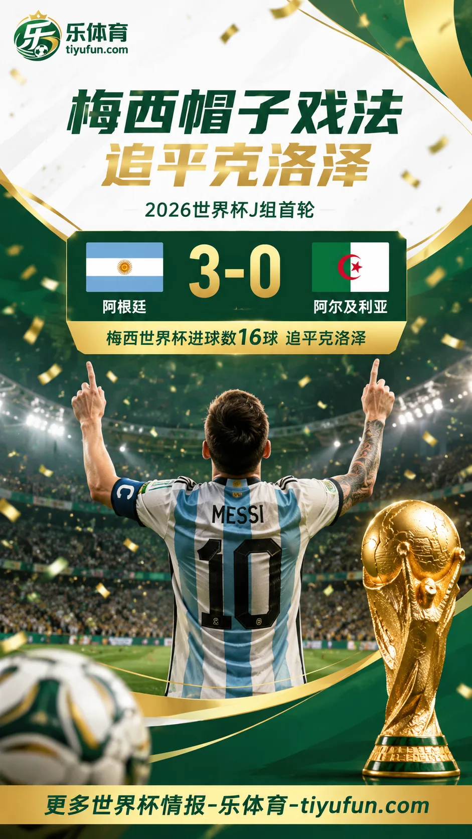 2026世界杯｜梅西帽子戏法追平克洛泽，阿根廷队3-0击败阿尔及利亚