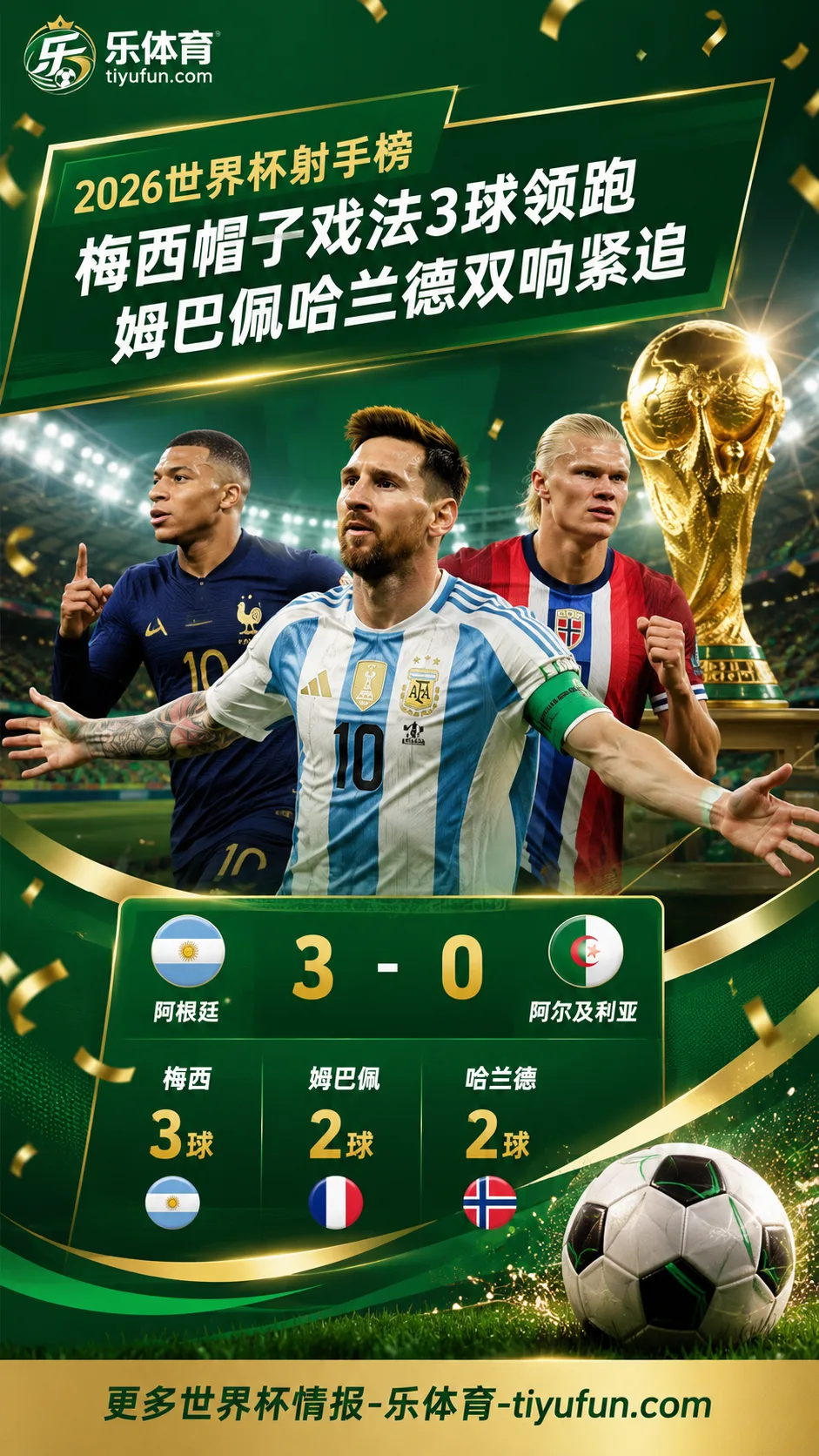 2026世界杯射手榜：梅西帽子戏法3球领跑，姆巴佩哈兰德双响紧追