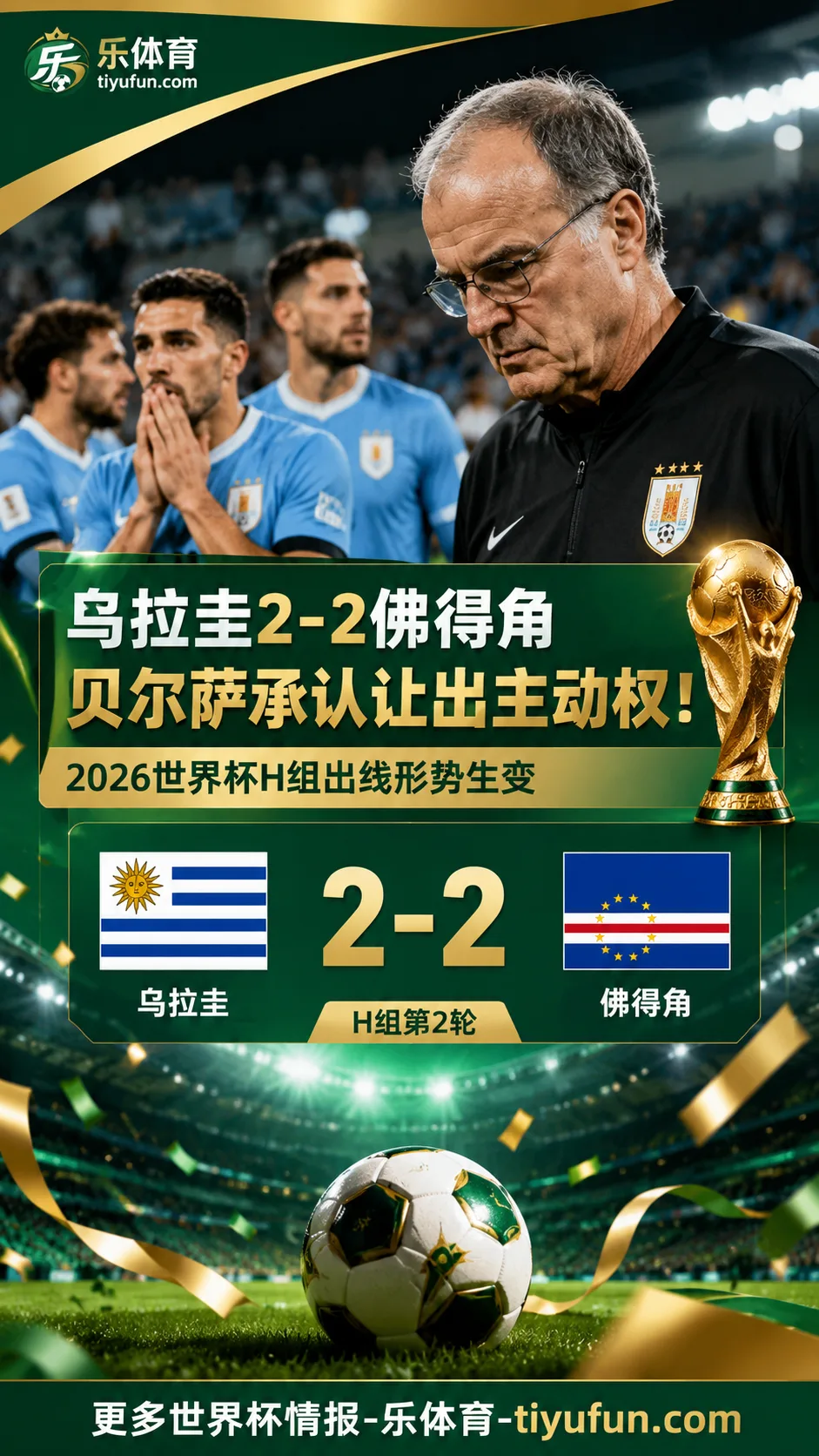 乌拉圭2-2佛得角，贝尔萨承认让出主动权！2026世界杯H组出线形势生变