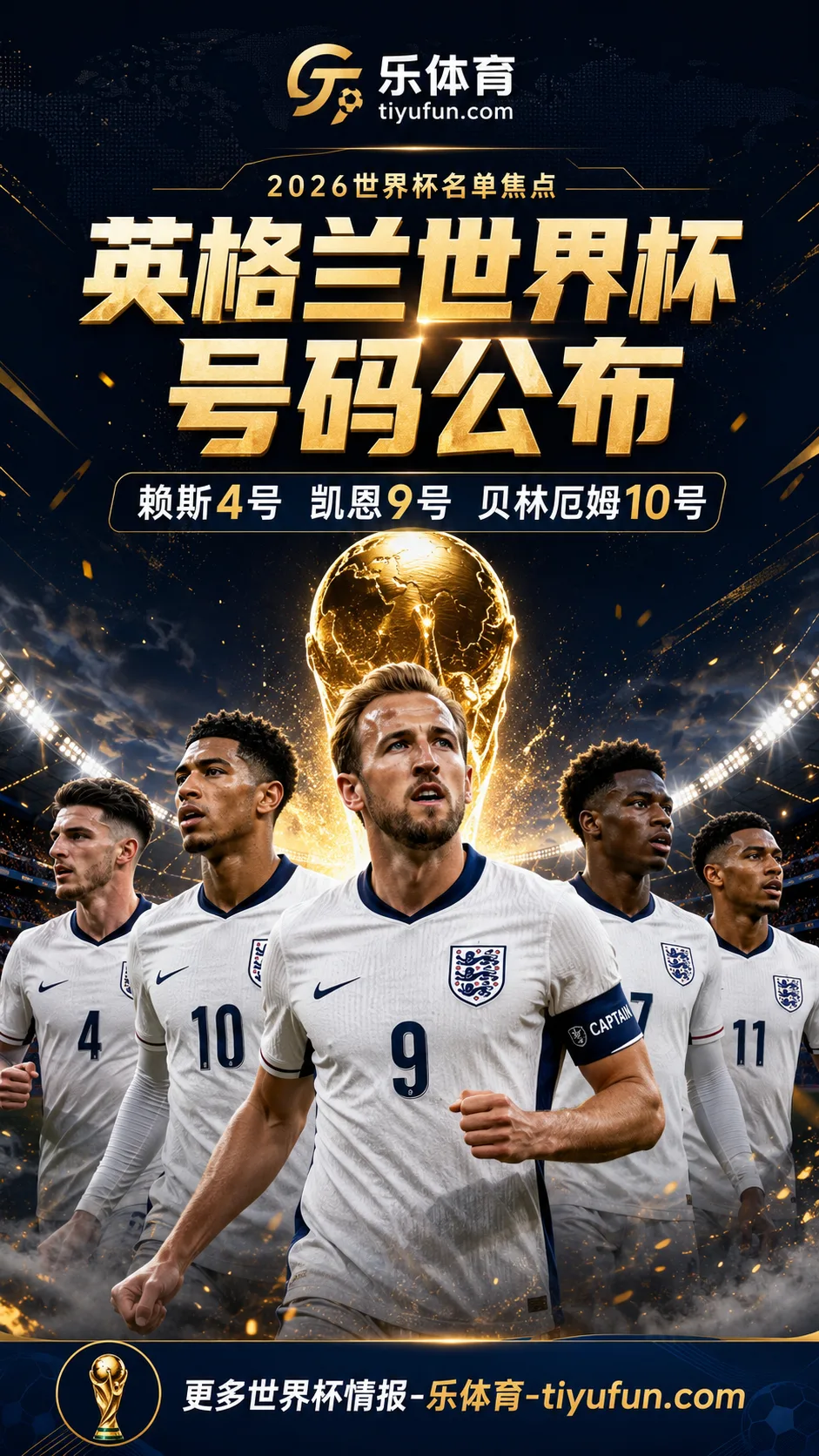 英格兰2026世界杯名单号码公布：凯恩9号，贝林厄姆10号，赖斯4号