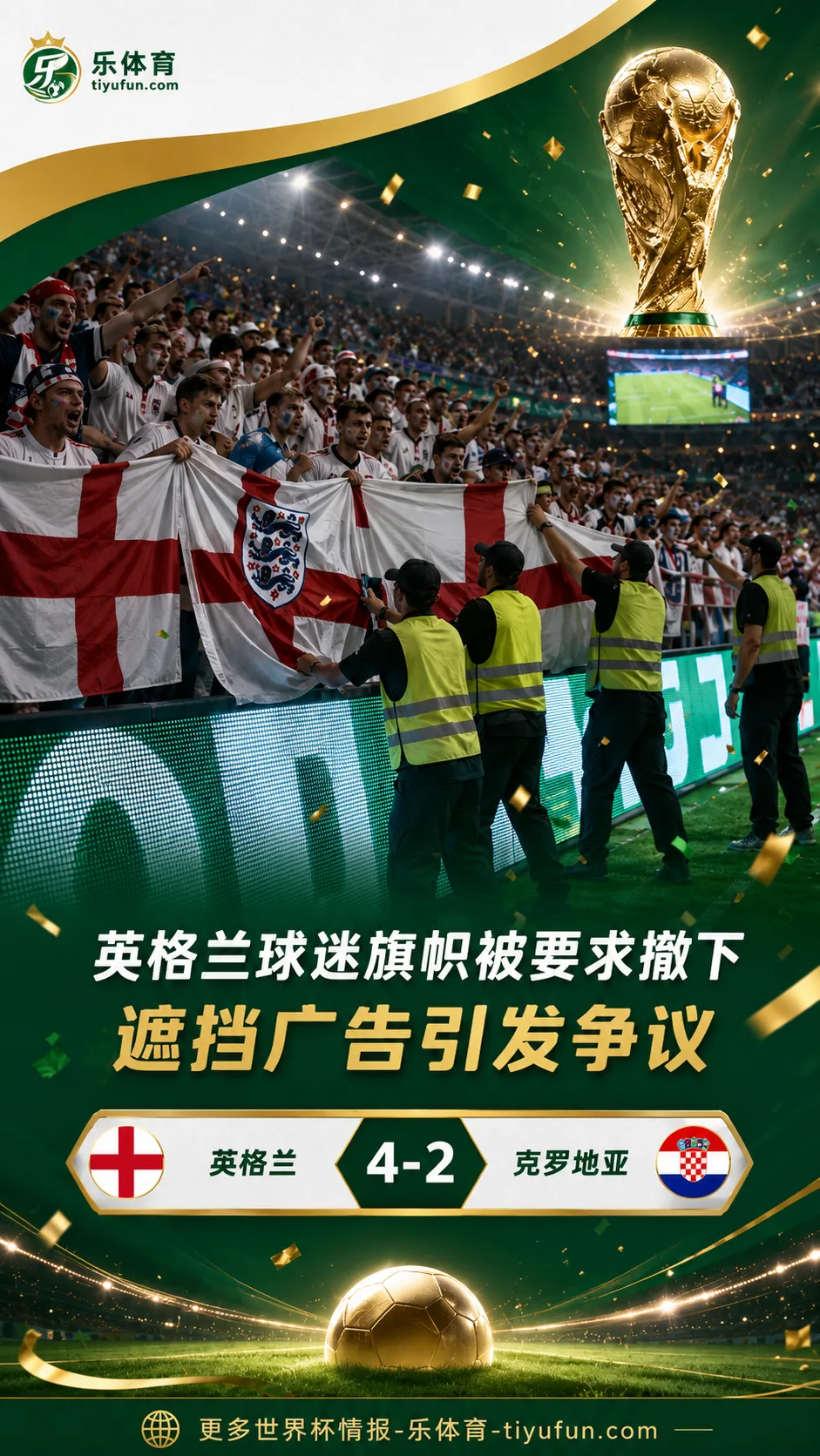 英格兰4-2克罗地亚场外争议：三狮球迷旗帜因遮挡LED广告牌被要求撤下