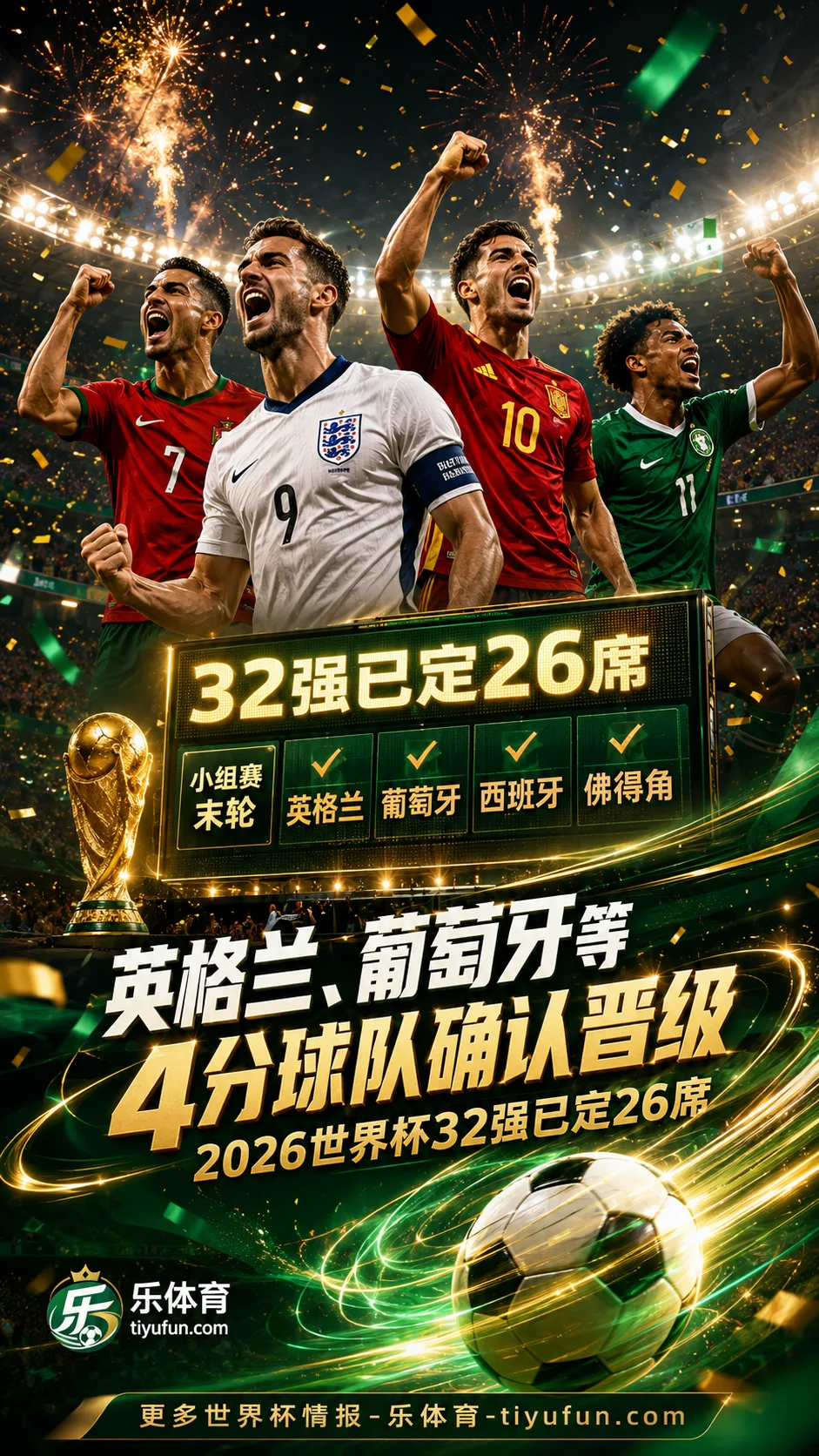 英格兰、葡萄牙等4分球队确认晋级，2026世界杯32强已定26席