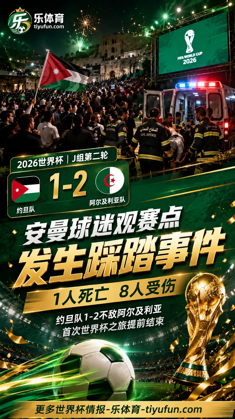 约旦通讯社：安曼世界杯观赛点发生踩踏，1人死亡8人受伤