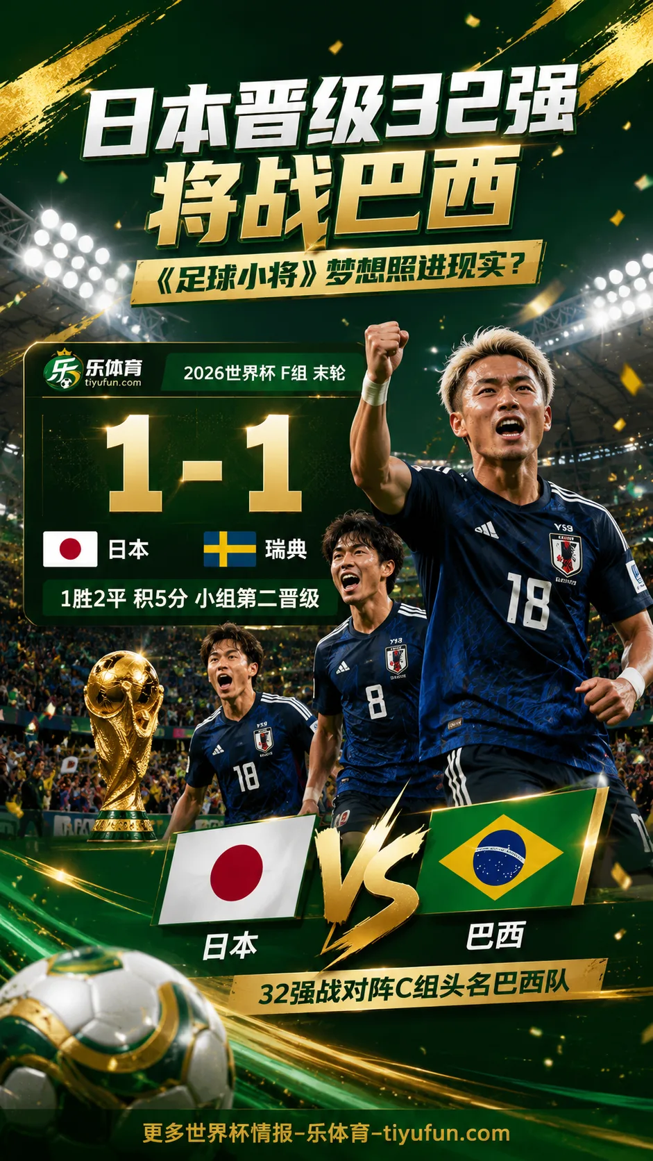 《足球小将》梦想照进现实？日本晋级世界杯32强将战巴西
