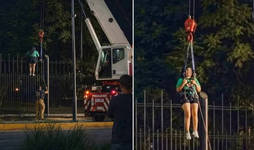 离谱又无奈！女球迷爬墙参加世界杯活动被困，起重机到场营救