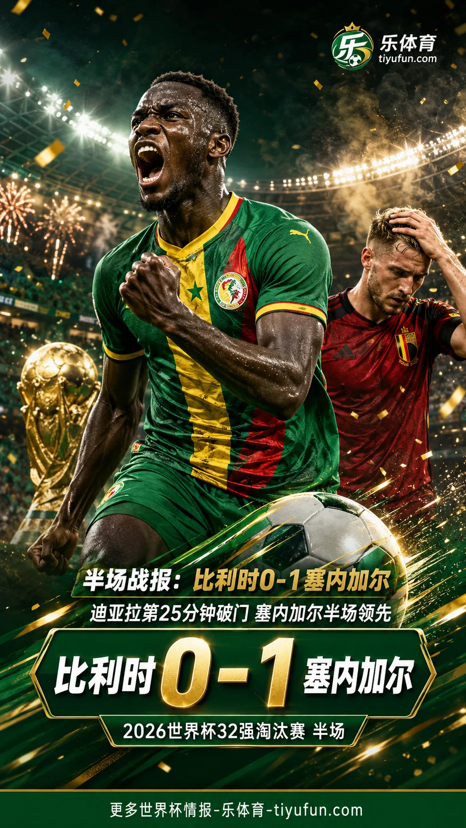 2026世界杯战报：比利时半场0-1塞内加尔，迪亚拉第25分钟补射破门